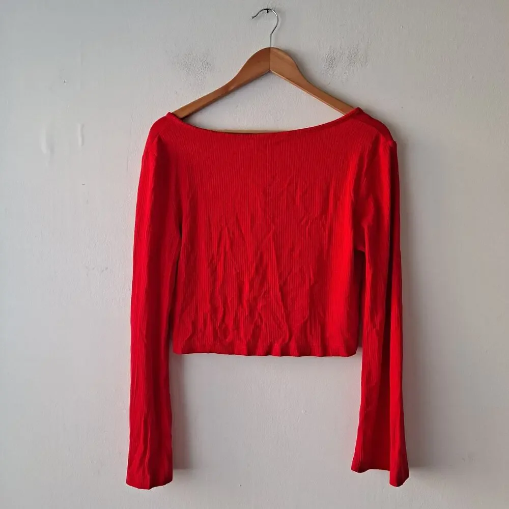 NWT OGL Soft Bell Sleeve Cropped Cardigan Wool Blend Ribbed Red Women's Size M